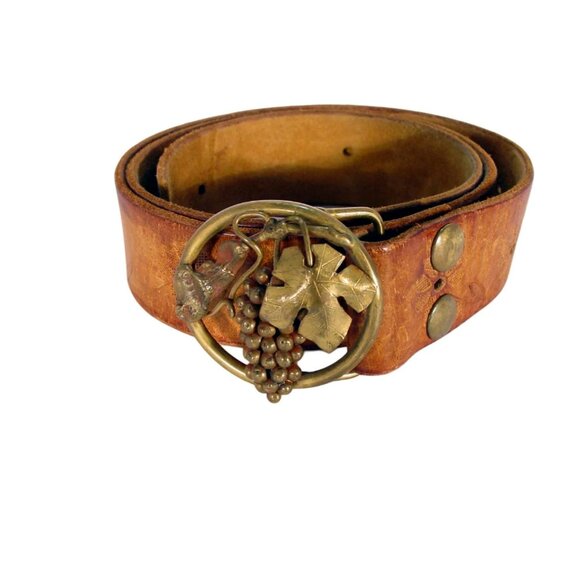 VINTAGE Handmade Signed Grapes and Vine Brass Buckle Wide Leather Belt M/L - Picture 6 of 6
